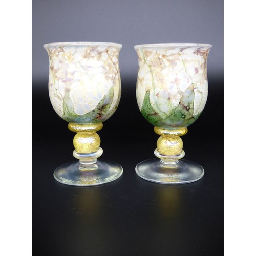 64 - Isle of Wight Studio Glass Flower Garden Lilac goblets with gold leaf, Elizabeth and Michael Harris ... 