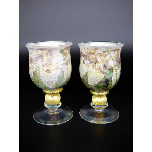 64 - Isle of Wight Studio Glass Flower Garden Lilac goblets with gold leaf, Elizabeth and Michael Harris ... 