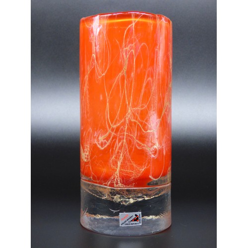 66 - Atelier Beranek orange cylinder vase with fine golden trails, Czech.
Original label with engraved si... 