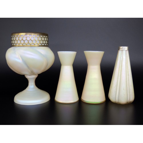 68 - Wilhelm Kralik Art Nouveau, four Mother of Pearl vases, one with silver collar.
Height 16.5 to 22cm