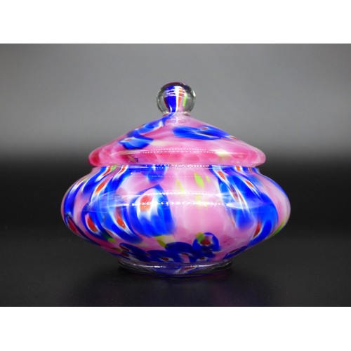 70 - Wilhelm Kralik Art Deco, pink and blue Millefiori trinket pot.
Height 10cm