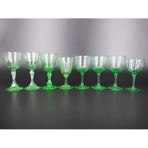 73 - Victorian eight assorted green uranium glass wine glasses, 7 cut.
Heights 11.5 to 14cm