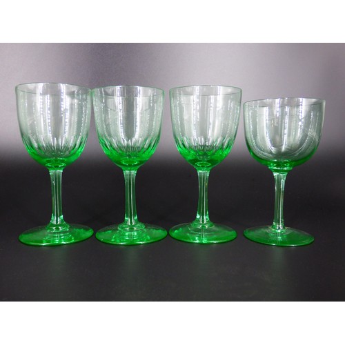 73 - Victorian eight assorted green uranium glass wine glasses, 7 cut.
Heights 11.5 to 14cm