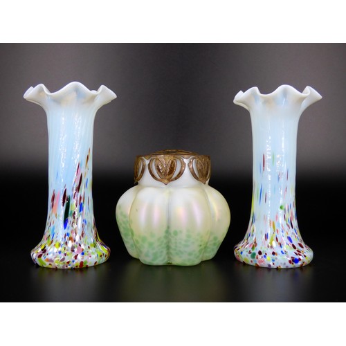 75 - Wilhelm Kralik pair of Harlequin Opalescent vases and Fritz Heckert vase.
Heights 9.5 and 15cm