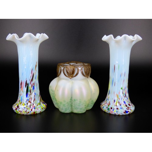 75 - Wilhelm Kralik pair of Harlequin Opalescent vases and Fritz Heckert vase.
Heights 9.5 and 15cm