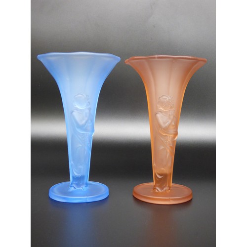 62 - Czech Art Deco, two satin glass nude lady vases one blue one pink, circa 1930.
Height 20cm.