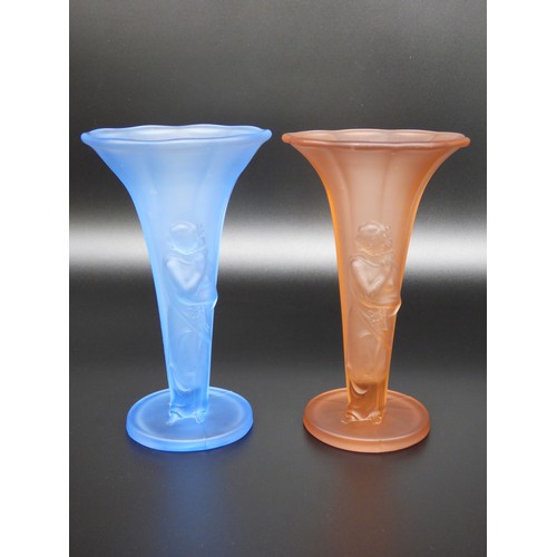 62 - Czech Art Deco, two satin glass nude lady vases one blue one pink, circa 1930.
Height 20cm.