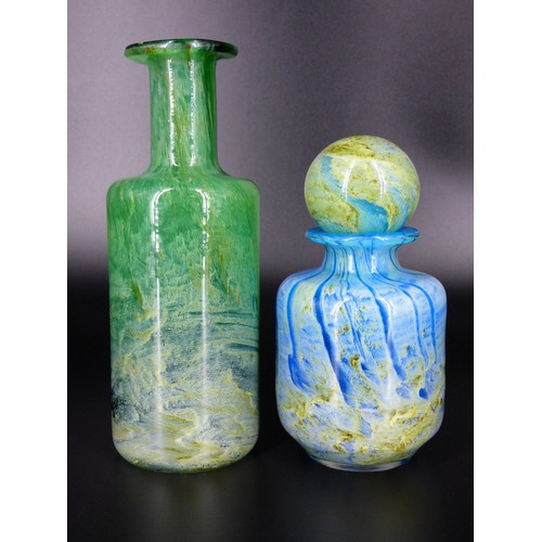 90 - Malta Decorative Glass tall green bottle and blue bottle with stopper, Vincente Boffo, late 1970s.
H... 