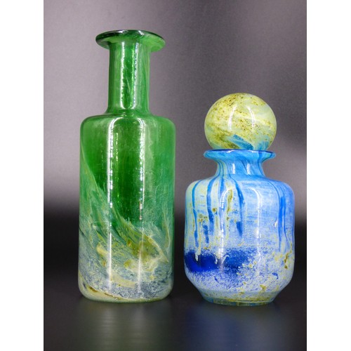 90 - Malta Decorative Glass tall green bottle and blue bottle with stopper, Vincente Boffo, late 1970s.
H... 