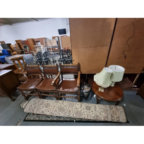 579 - 3 Oak chairs, a rug, a side table, lamps, etc