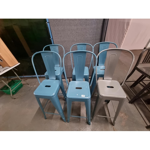 588 - 5 Blue and 1 grey tall metal chairs