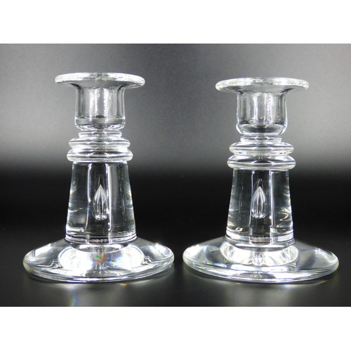 92 - Steuben pair of candlesticks with teardrop air bubble, USA.
Engraved signature to base. Original pac... 
