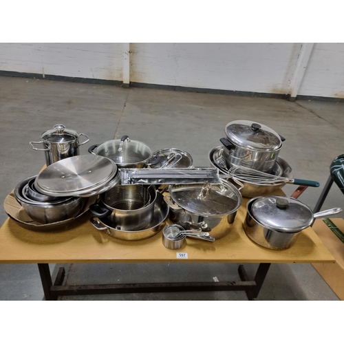 597 - Selection of stainless steel saucepans