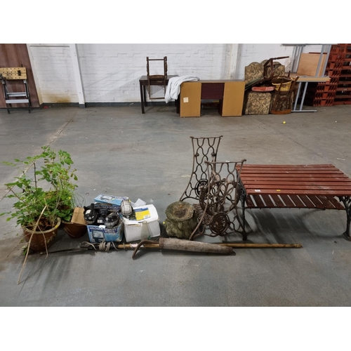 601 - Garden items to include a table, sewing machine treadle, pots, lights, etc