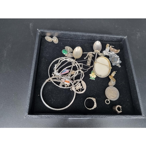 214 - Silver medals, fobs, spoons, jewellery, etc (total weight including stones and cameo 134 grams)