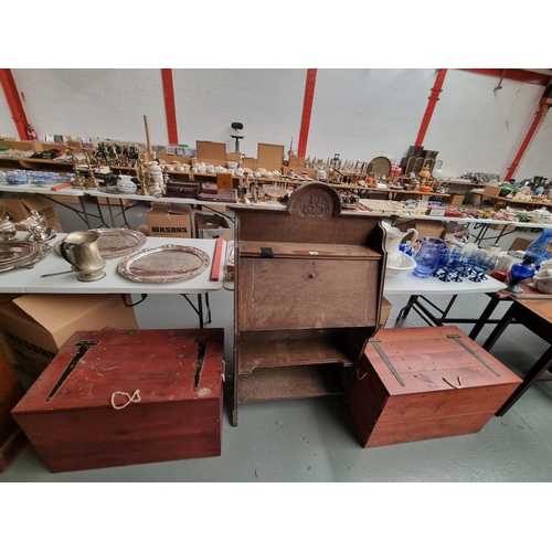 103 - An oak Arts and Crafts style bureau and two pine blanket boxes