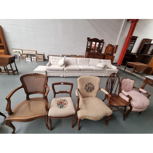 117 - A rush seated armchair, bedroom chair, upholstered armchair, hall chair and a nursing chair