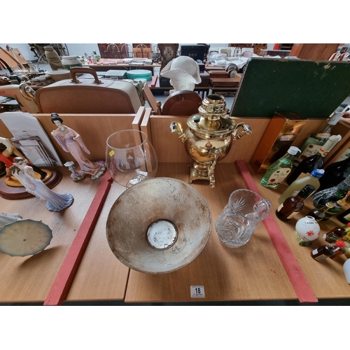 18 - A cut glass jug, glass bowl, fruit bowl and a brass samovar