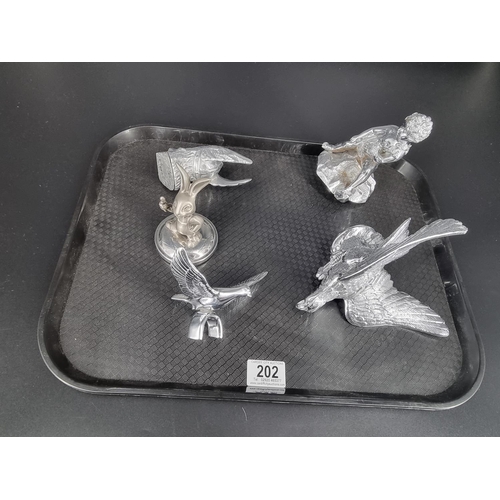 202 - Five car hood ornaments - Seated Boy, Two Birds, Thor and a Rabbit