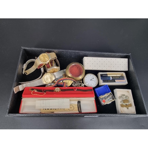 204 - Vintage watches, Welsh Regiment cap badge, boxed Parker pen, boxed Rolls pen, pocket watch and miner... 