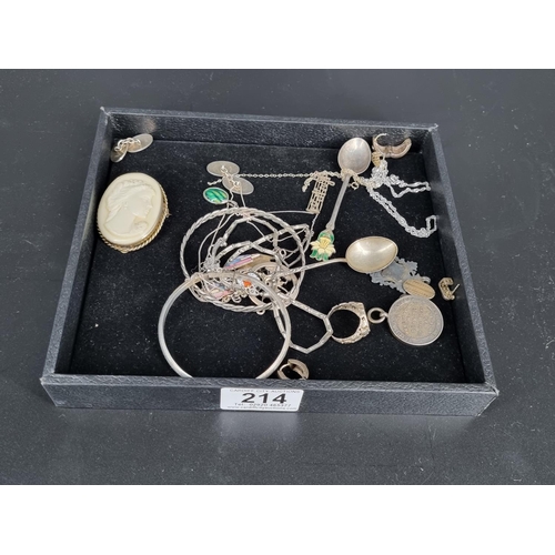 214 - Silver medals, fobs, spoons, jewellery, etc (total weight including stones and cameo 134 grams)