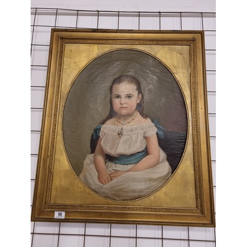 96 - A large portrait of a young girl in a gilt frame - early oil on canvas (frame size 32 inches by 27 i... 