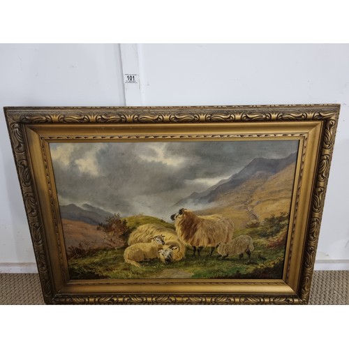 101 - A framed oil on canvas 19th century painting of Mountain Sheep by artist H. W. Henley - signed lower... 