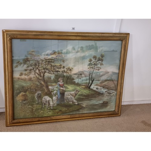 103 - A very large framed oil on canvas (under glass) painting of a woman tending her sheep on the river b... 