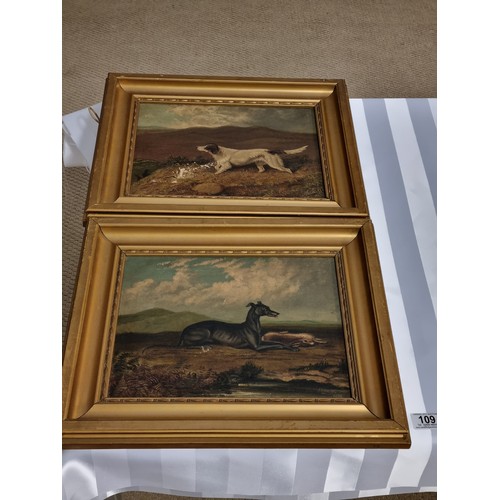 109 - A pair of framed oil on canvas dog paintings by artist J. F. Smith dated 1878 - both signed and date... 