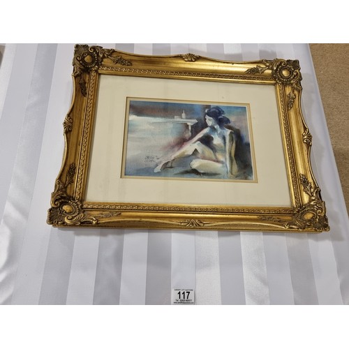 117 - An original watercolour - framed and by American post-war artist Gustave Wander depicting a seated w... 