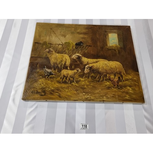 118 - An oil on canvas unframed painting of sheep and chickens in a barn by Belgian artist Paul Shouten - ... 