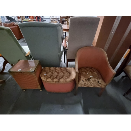 320 - Lloyd Loom style chair, ottoman and clothes basket