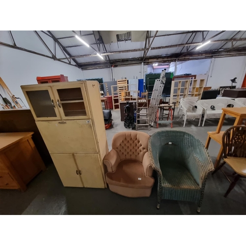 326 - 2 Bedroom chairs and a retro kitchen larder unit, etc