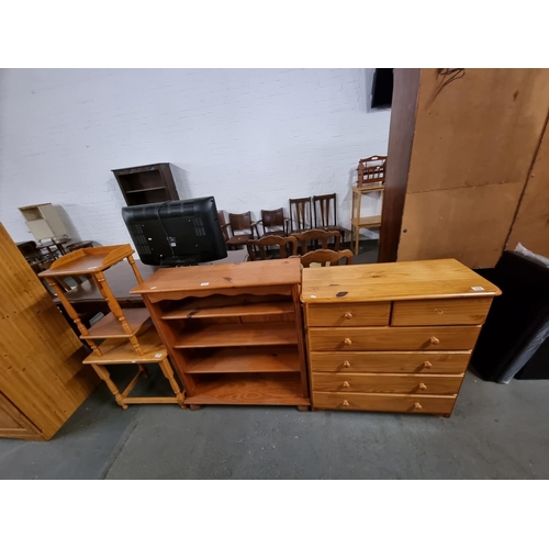 332 - Pine furniture to include 2 over 4 chest of drawers, a bookcase, etc