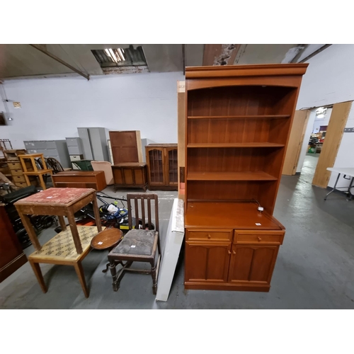 355 - A Stag wall unit, an oak chair, a stool, a metal PC desk in box, etc