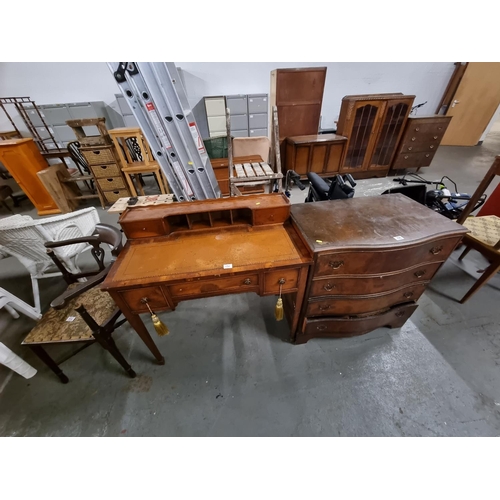 356 - A ladies writing desk, a corner chair and a 4 drawer chest of drawers