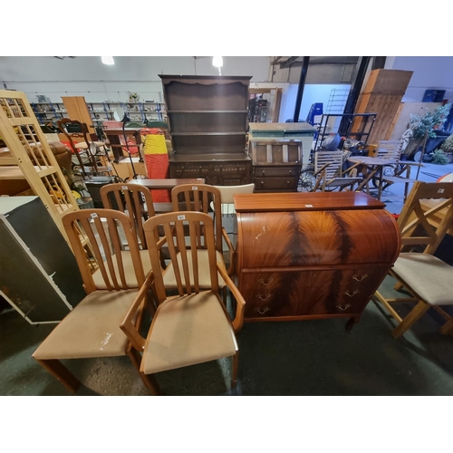 367 - Mahogany bureau and 4 teak dining chairs