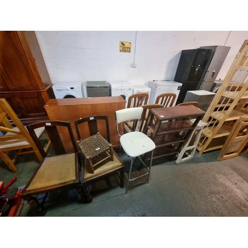 373 - 2 oak dining chairs, oak bookcase, retro bar stool etc