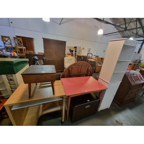 402 - Oak effect desk, retro footstool, formica top table, oak shoe rack etc