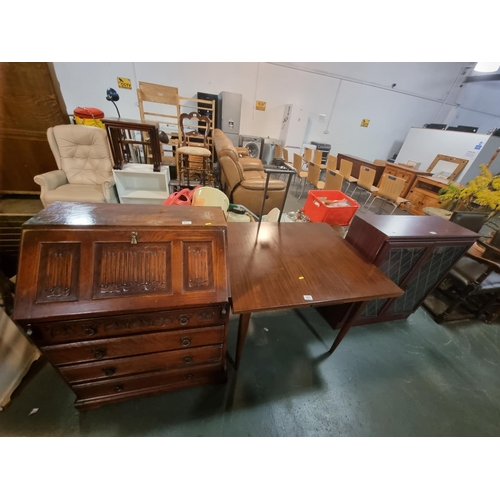 403 - Oak bureau, mahogany drop leaf table, mahogany display cabinet etc