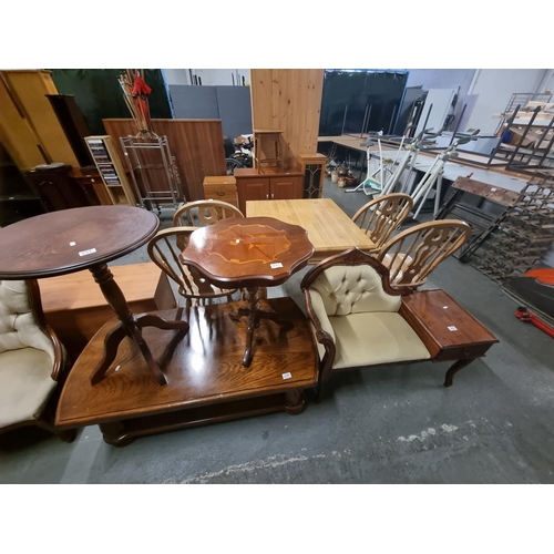 455 - An oak coffee table, 2 side tables, a telephone table, etc