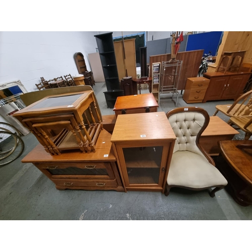 456 - An oak chest of drawers, a HiFi unit, a nest of tables, bedroom chair, etc