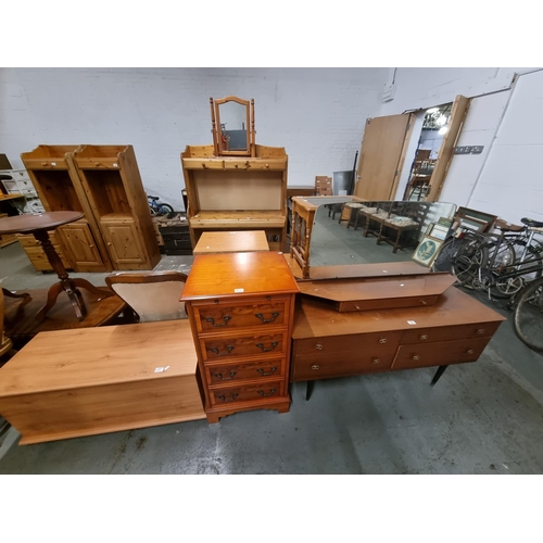 457 - A teak dressing table and mirror, chest of drawers, and a pine box