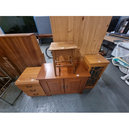 460 - A pine sideboard, a bedside table, a stool, etc