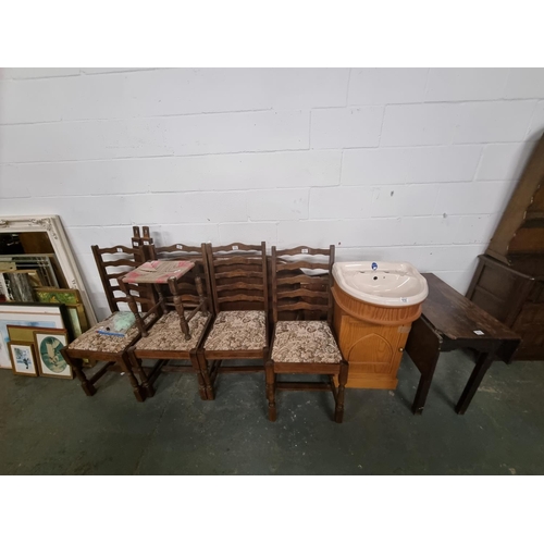 472 - An oak dining table and 4 chairs, a stool, a sink and stand, and a mirror