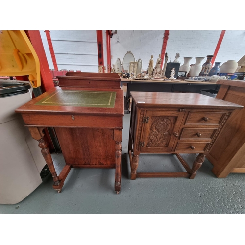 96 - A mahogany Davenport and an oak cabinet with drawers