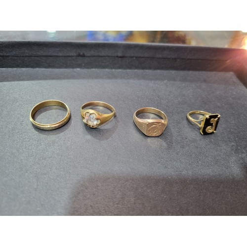 221 - 9k gold brooches, rings, cufflinks, some being scrap - XRF tested (34 grams including stones)