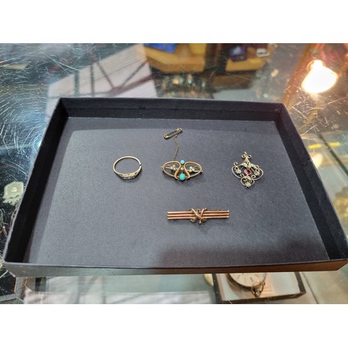 221 - 9k gold brooches, rings, cufflinks, some being scrap - XRF tested (34 grams including stones)