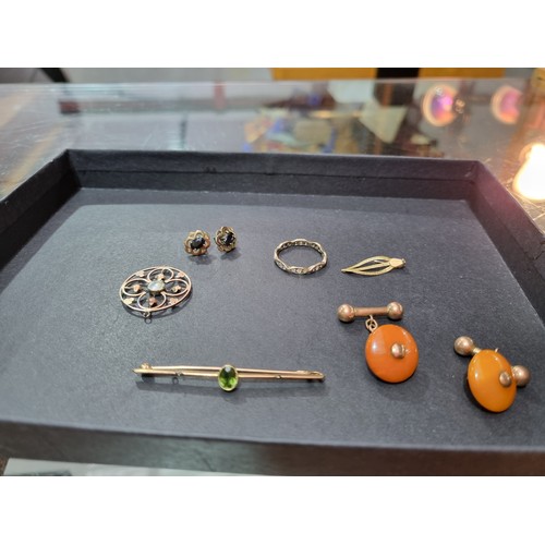 221 - 9k gold brooches, rings, cufflinks, some being scrap - XRF tested (34 grams including stones)