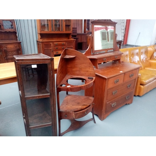 122 - A counter top display cabinet, a corner cabinet and a single mirror dressing table